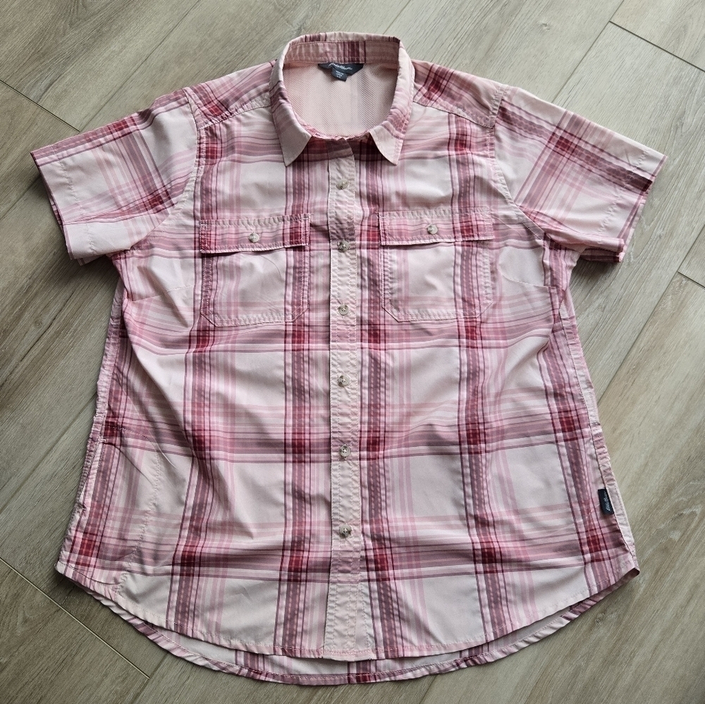 Eddie Bauer Outdoors Large Mountain Ripstop Pink Plaid Short-Sleeve Shirt EUC